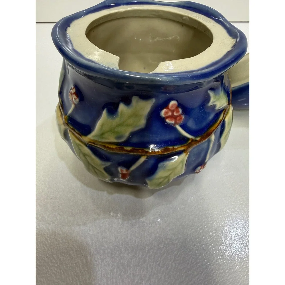 Blue Ceramic Holly Berry Jam Honey Pot with Lid Christmas Holiday Decor